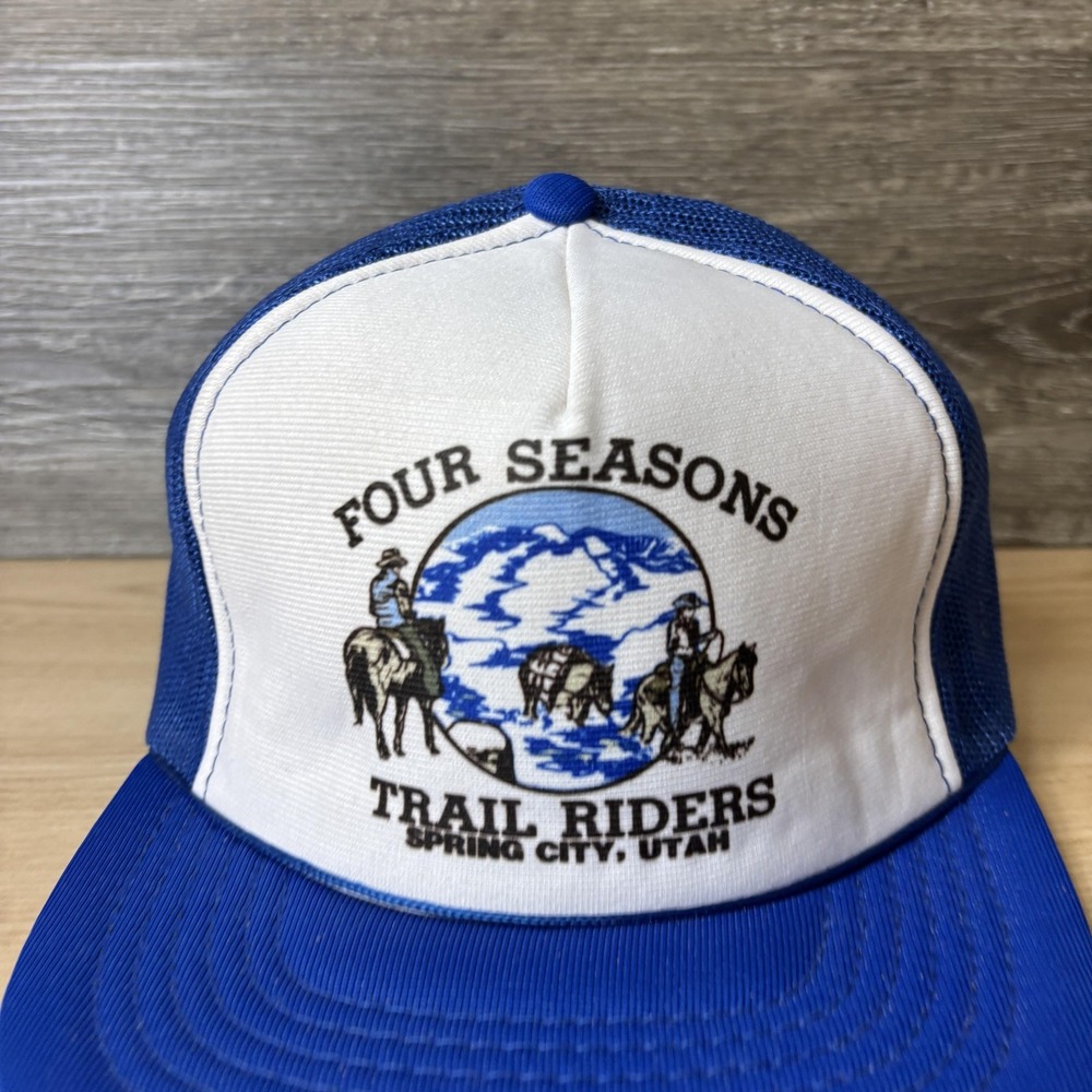VINTAGE Four Seasons Trail Riders Hat Snap Back Trucker Blue Spring City Utah - Picture 2 of 9